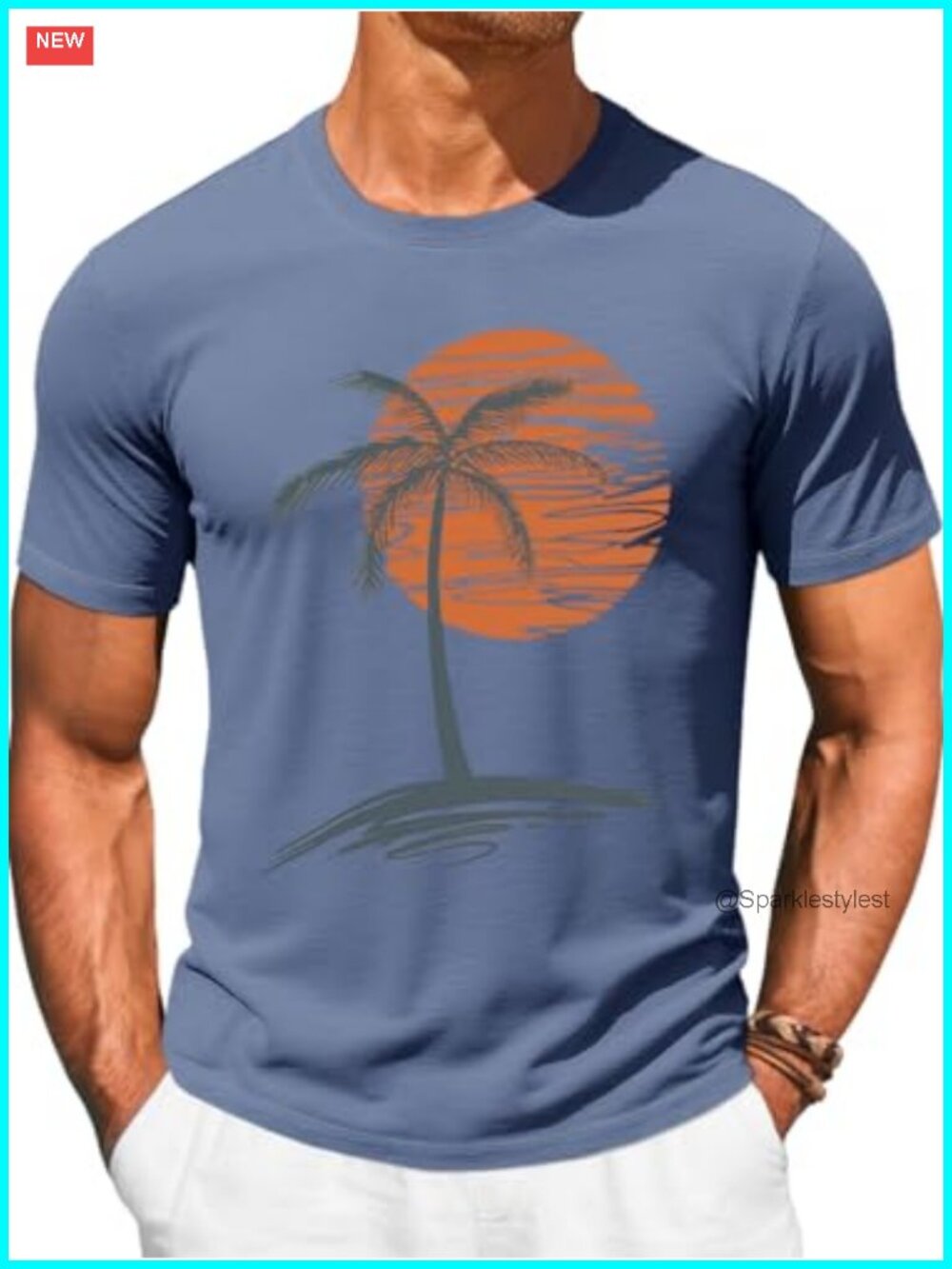 Men's Graphic Crew Neck Tee Sunset Palm Print Summer Shirt High Stretch